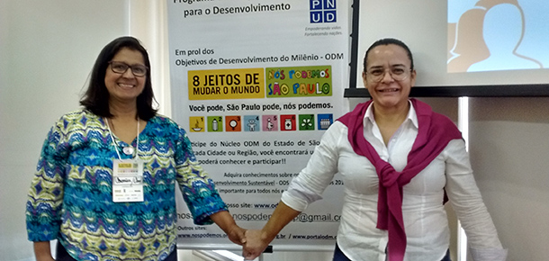 Secretria de Sade e Segurana da UGT, Cleonice Caetano, e a diretora de base do Sintetel, Andrea de Paula