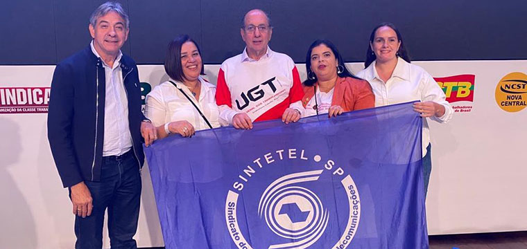 Dirigentes do SINTETEL, Marcos Milanez, Aurea Barrence, Maria Edna Medeiros e Angelica Fortunato com o presidente da UGT, Ricardo Patah