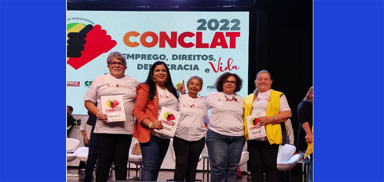 As mulheres das centrais sindicais: Auxiliadora (Fora Sindical), Maria Edna (UGT), Celina (CTB), Junia (CUT) e Soninha (Nova Central).
