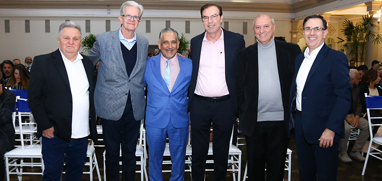 Sec. Geral do SINTETEL, Mauro Britto, Ivan Toledo (Ability), Gilberto Dourado, pres. do SINTETEL, Fernando Branquinho (Claro), Gilberto Mussi (Sinstal) e Cleber Izzo (Procisa)